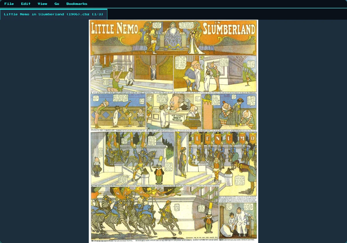 clod reading a comic archive: a 1906 Little Nemo in Slumberland page (public domain) in a tabbed window