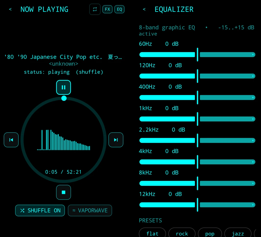 CyanBeat playing a Japanese city pop mix with a live spectrum display, beside its eight-band equalizer