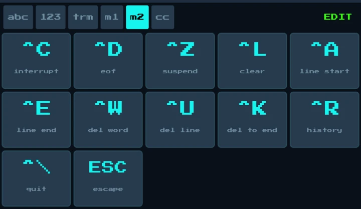 Keyboard page with shell shortcuts: interrupt, end of file, suspend, clear, delete word and history search