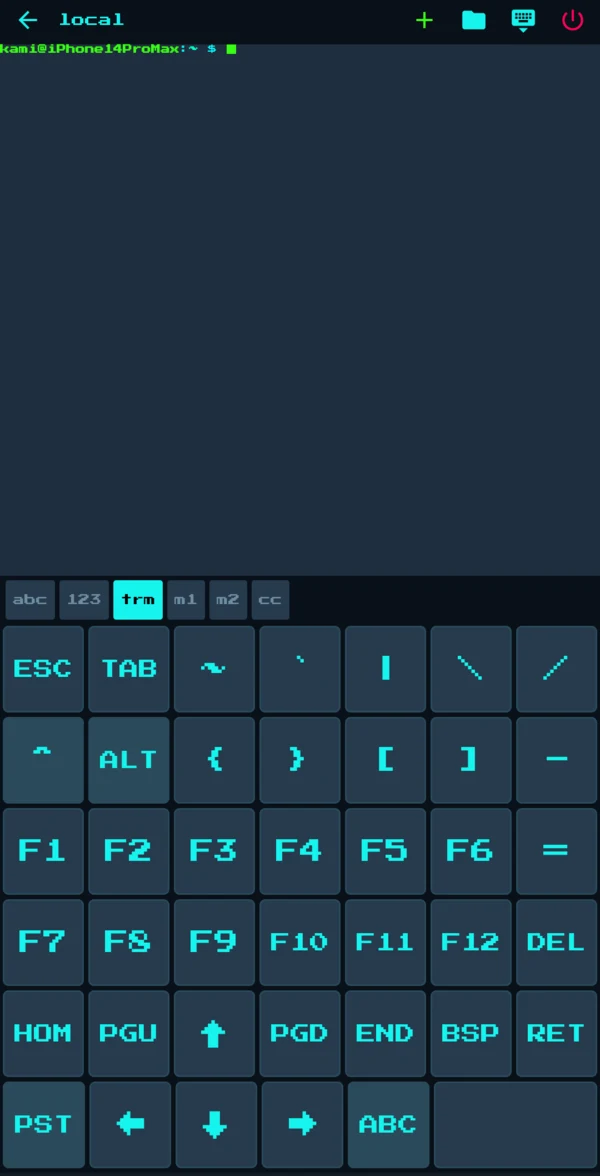 CyanConnect showing an SSH session above its terminal keyboard with Esc, Tab, function and arrow keys