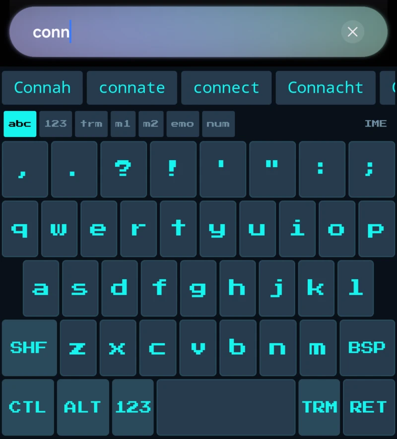 CyanKB in use: the letters c-o-n-n typed into a search box, with connect offered in the suggestion strip above the keys