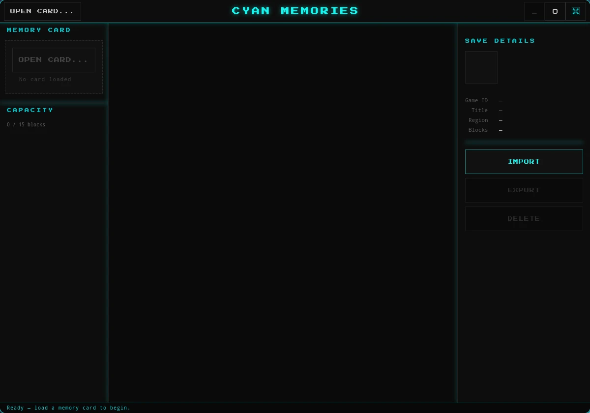 Cyan Memories desktop window with memory card, save list and save details panels