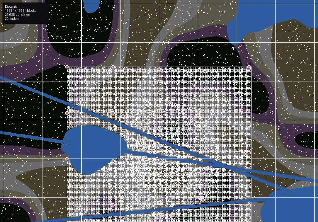 Hydrogen 2026 map overview of a generated 16384-block world with biomes, rivers, a dense city grid and 27,636 buildings