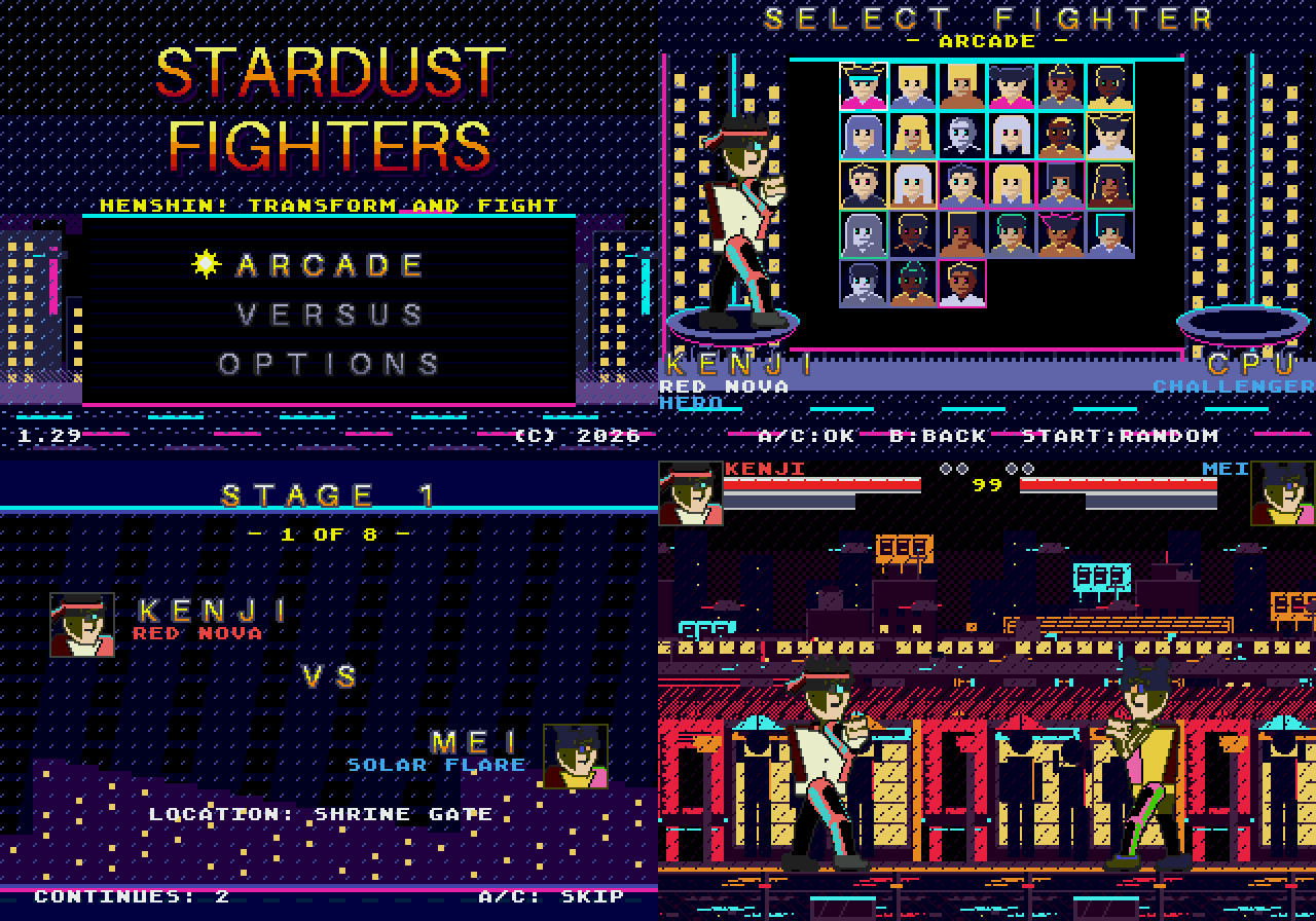 Stardust Fighters: title screen, 27-fighter select grid, versus screen and a match in a neon city